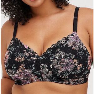 TORRID Lightly Lined Wire Free Bra Black Lace Floral Back Smoothing Size 40D